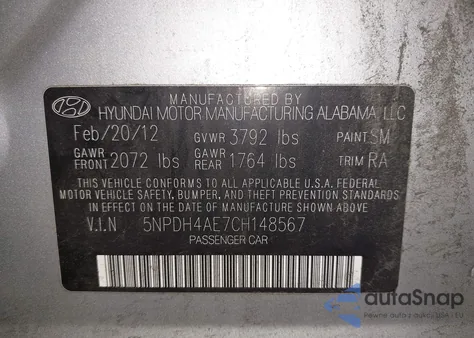 2012 Hyundai Elantra Limited z USA, uszkodzony, nr VIN 5NPDH4AE7CH148567